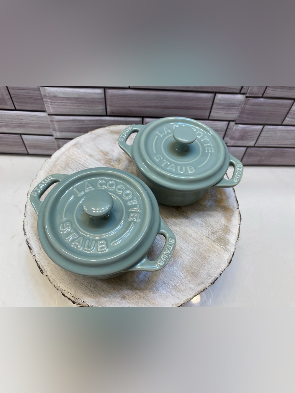 STAUB ❤️(2)Ceramics Dutch Oven Mini Round Cocotte 10cm Eucalyptus NIB